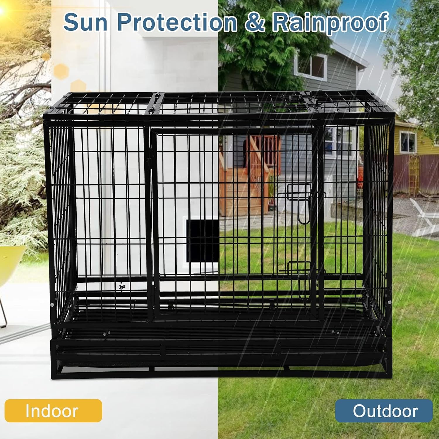 42'' Heavy Duty Dog Crate for Large Dogs Double Doors & Locks Design Escape Proof Strong Metal Dog Cage with Wheels, Indoor Large Dog Crate Heavy Duty Stackable Dog Kennel with Tray