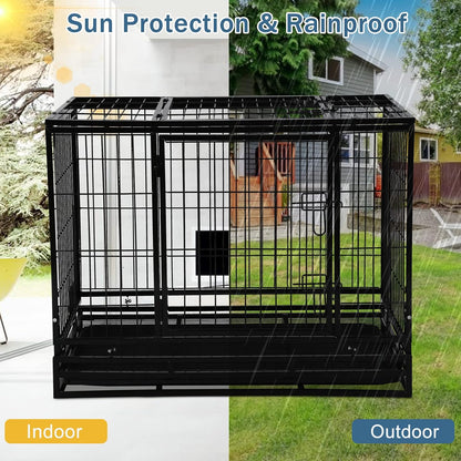 42'' Heavy Duty Dog Crate for Large Dogs Double Doors & Locks Design Escape Proof Strong Metal Dog Cage with Wheels, Indoor Large Dog Crate Heavy Duty Stackable Dog Kennel with Tray