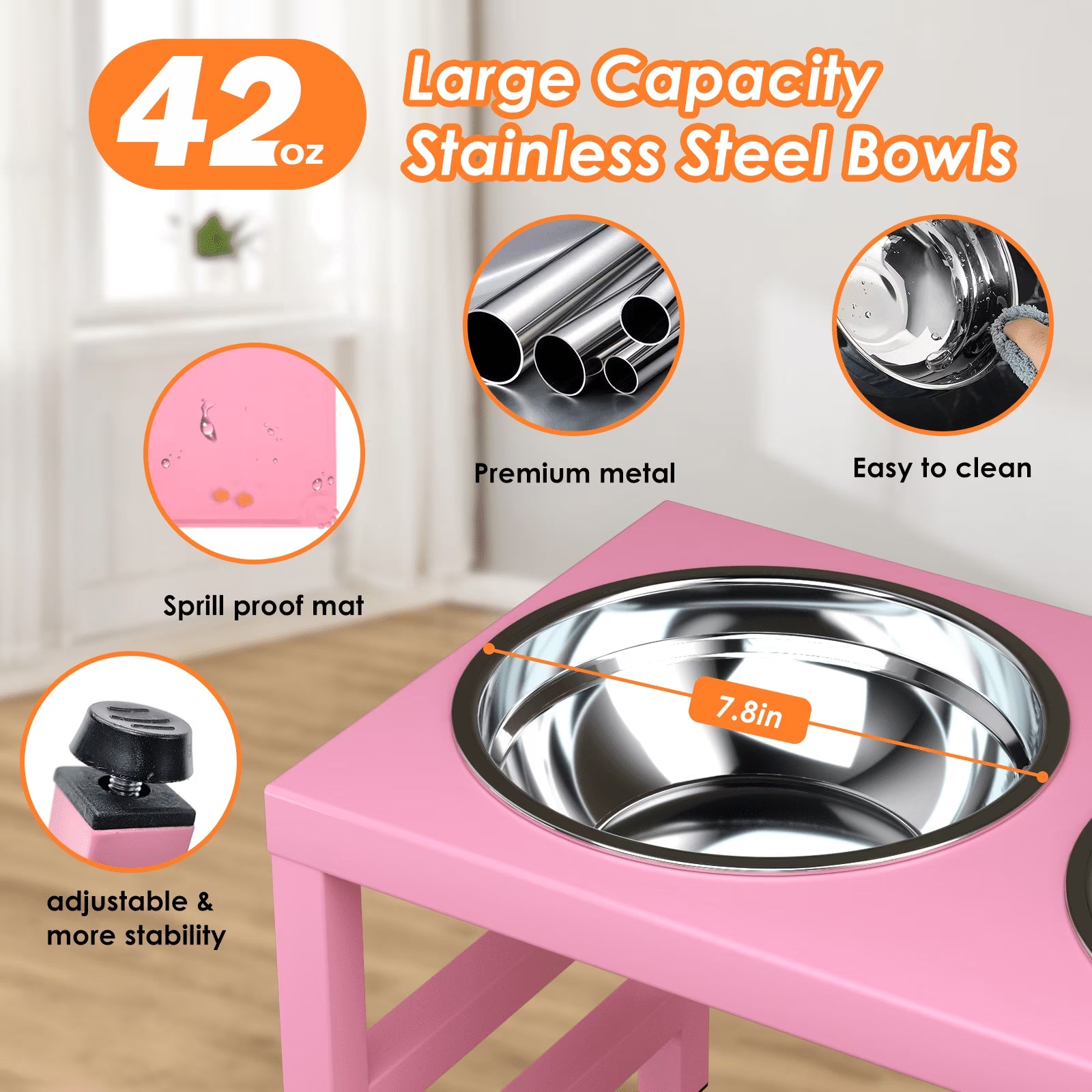 Pink Metal Raised Dog Bowl Stand for Large Dogs, Stronger Elevated Dog Bowls with Sprill Proof Mat, Dog Food & Water Bowls 10In Tall Dog Feeder (42Oz-Stainless Steel Dog Bowls, Mat-12X19 In)