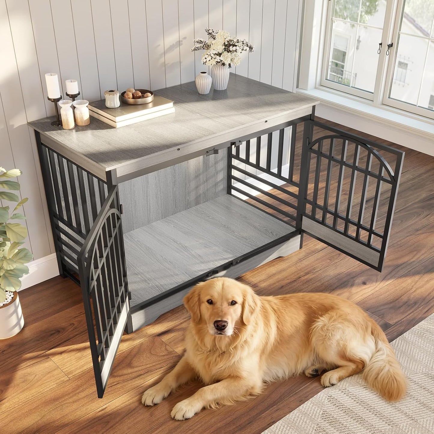 52" Dog Crate with Arched Doors, Grey | Extra-Large Kennel for XL Breeds, Double Elegant Arched Doors, TV Stand & End Table, Heavy-Duty Reinforced Frame