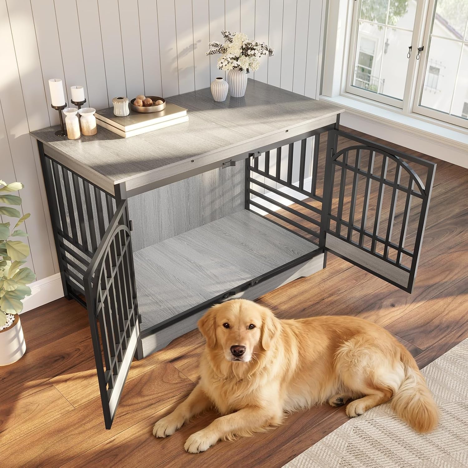 52" Dog Crate with Arched Doors, Grey | Extra-Large Kennel for XL Breeds, Double Elegant Arched Doors, TV Stand & End Table, Heavy-Duty Reinforced Frame