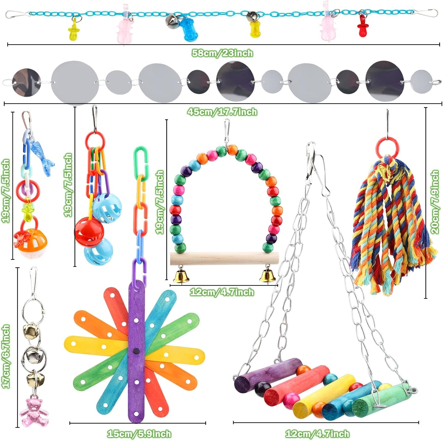 9 Pcs Parakeet Cockatiel Bird Toys, Parrots Cage Accessories Swing Rope Hanging Wooden Perch Chewing Toy for Budgerigar, Parrot, Cockatiel