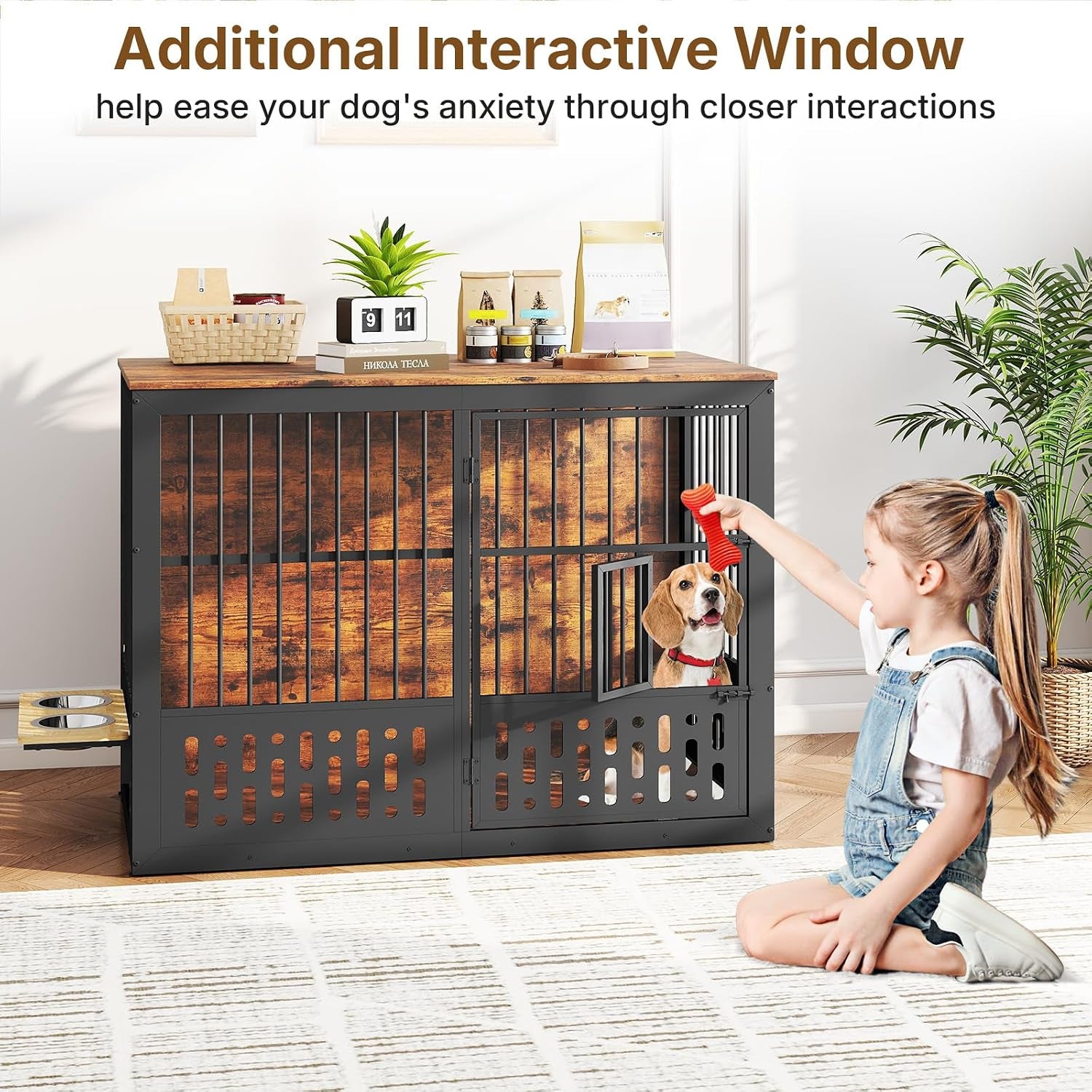 48 Inch Dog Crate Furniture, Wooden Dog Cage Furniture with Window and Adjustable Dogs Bowls 360° Rotatable, Heavy Duty XL Kennel Indoor as End Table, Brown