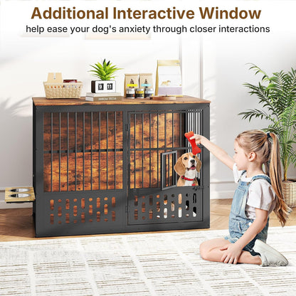 48 Inch Dog Crate Furniture, Wooden Dog Cage Furniture with Window and Adjustable Dogs Bowls 360° Rotatable, Heavy Duty XL Kennel Indoor as End Table, Brown