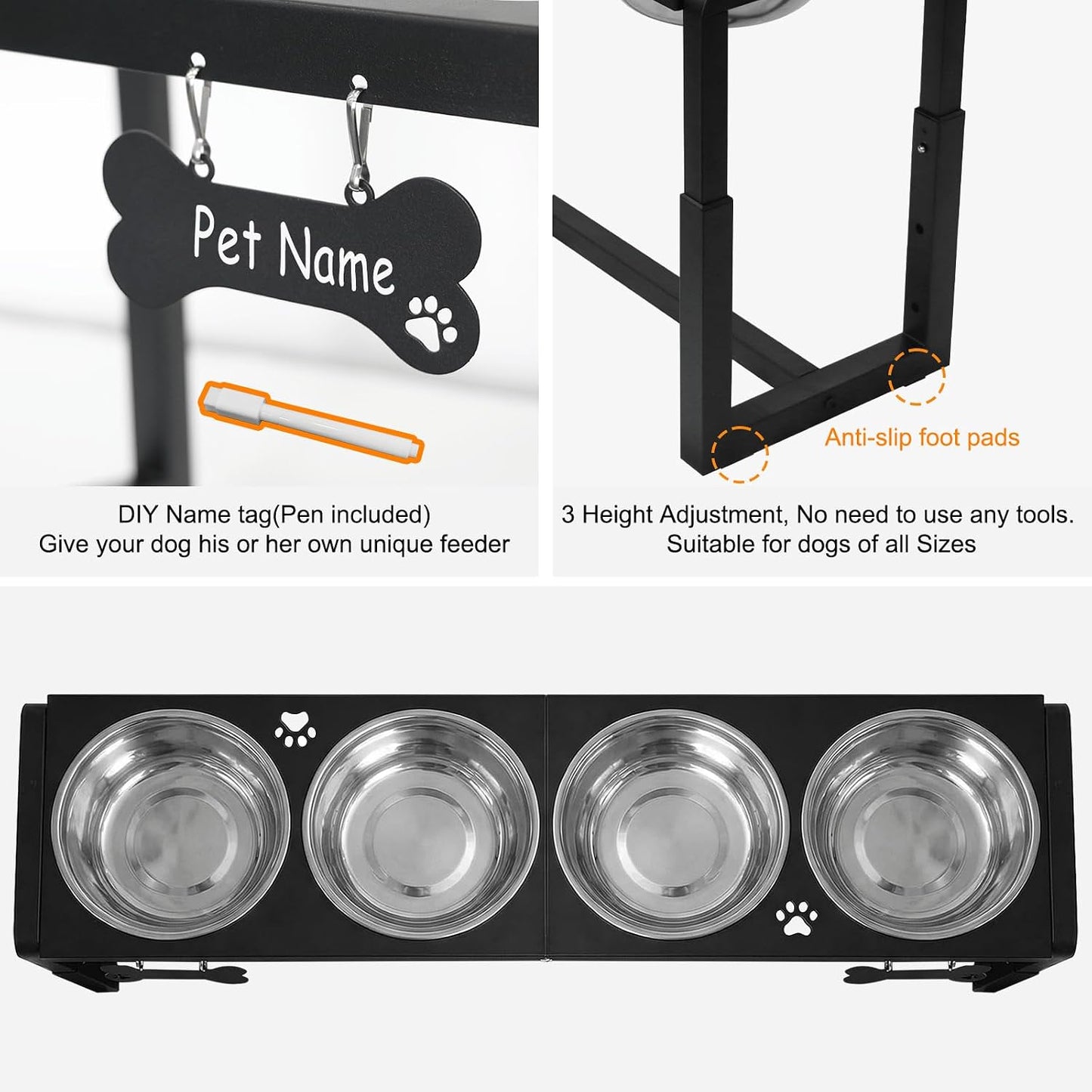 Metal Elevated Dog Bowls for Medium/Large Breed, 3 Adjustable Height(8.8"/11.5"/14") Raised Dog Bowls Stand with Four 58Oz Stainless Steel Bowls, for Neck & Joint Protection