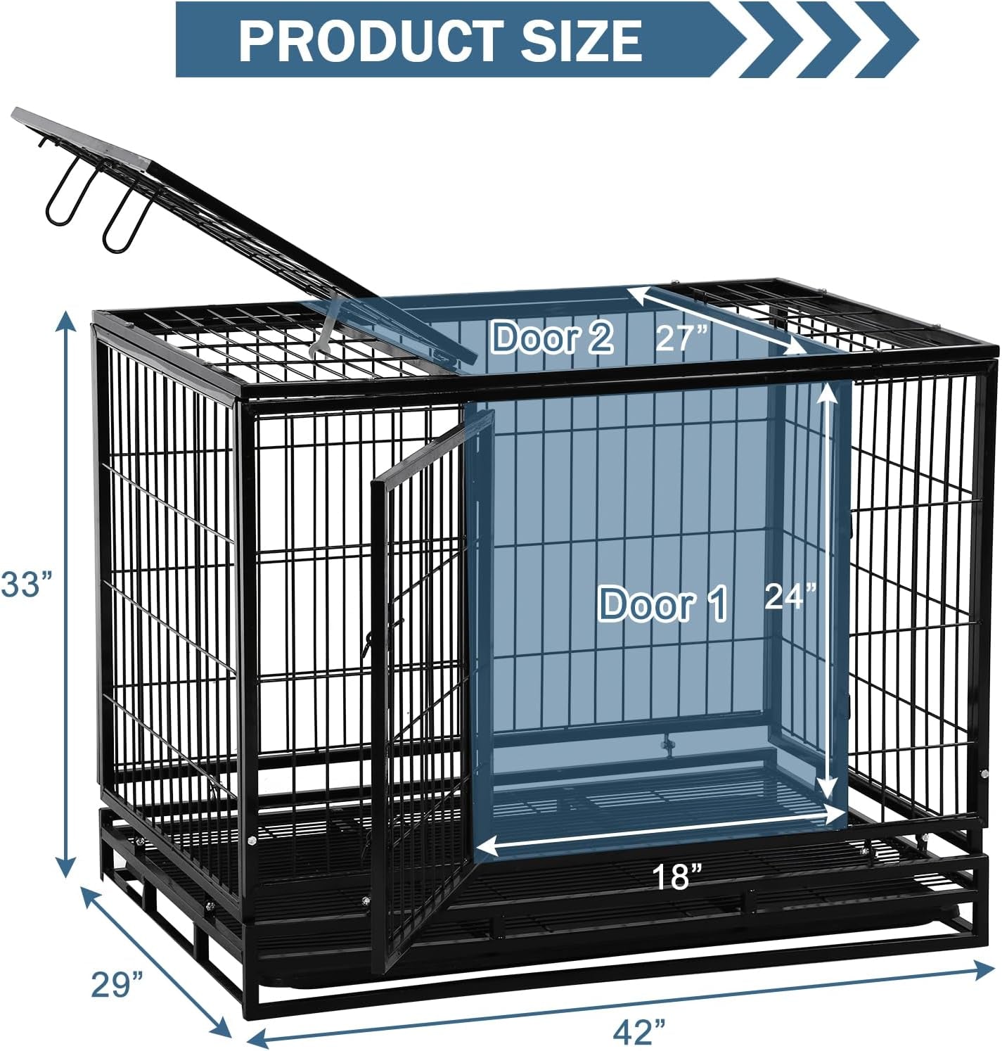 42'' Heavy Duty Dog Crate for Large Dogs Double Doors & Locks Design Escape Proof Strong Metal Dog Cage with Wheels, Indoor Large Dog Crate Heavy Duty Stackable Dog Kennel with Tray