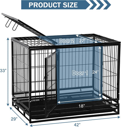 42'' Heavy Duty Dog Crate for Large Dogs Double Doors & Locks Design Escape Proof Strong Metal Dog Cage with Wheels, Indoor Large Dog Crate Heavy Duty Stackable Dog Kennel with Tray