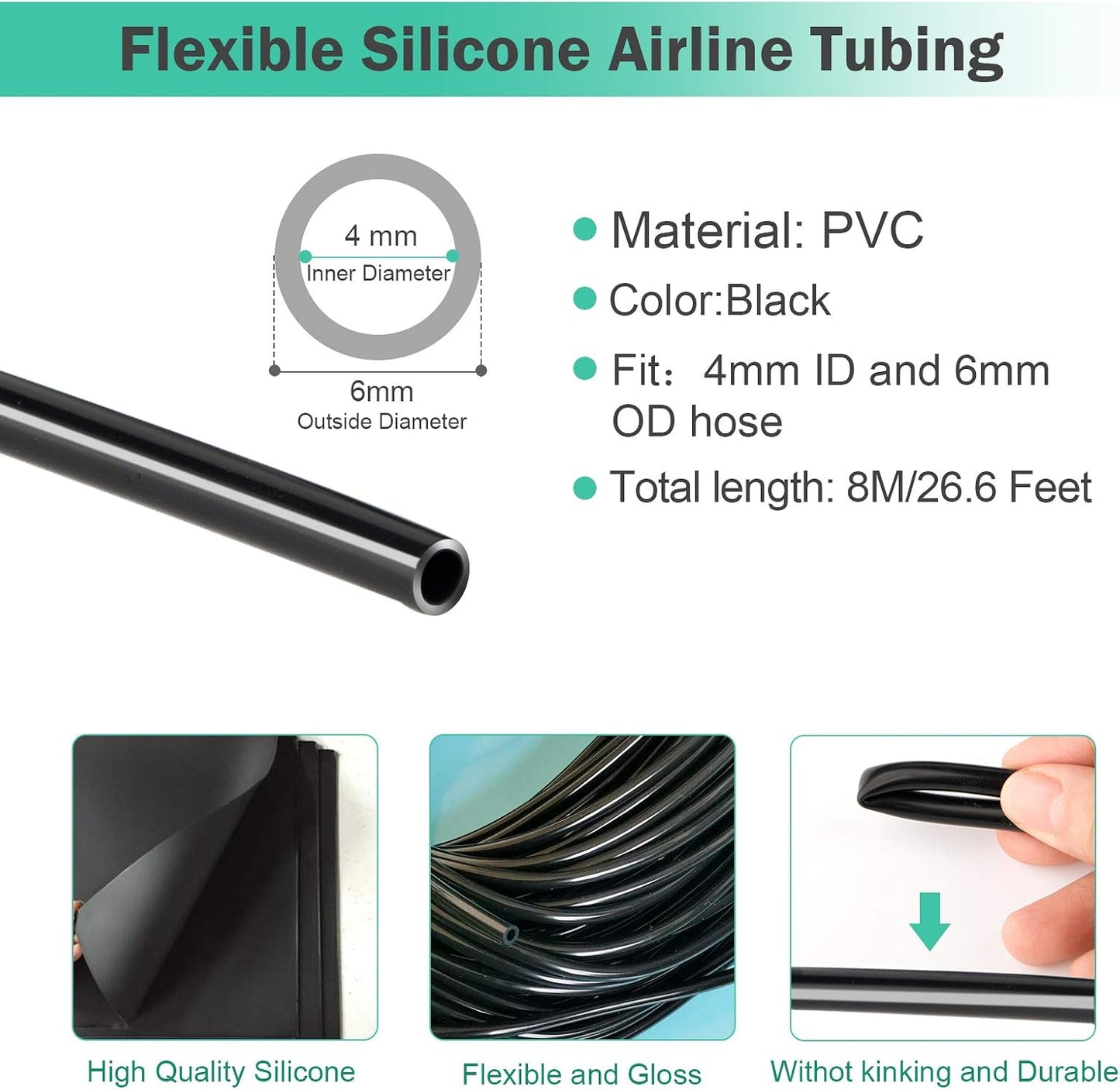 26.6 Feet Black Aquarium Soft Airline Tubing Hose Standard with 4 Air Stones,4 Air Value Controller,4 Check Valves, 6 Suction Cups and 16 in Total for I,L,T,Y Shape Connectors