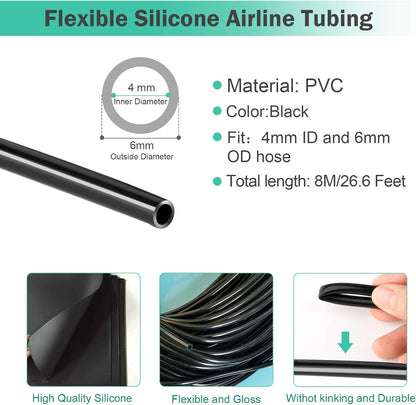 26.6 Feet Black Aquarium Soft Airline Tubing Hose Standard with 4 Air Stones,4 Air Value Controller,4 Check Valves, 6 Suction Cups and 16 in Total for I,L,T,Y Shape Connectors