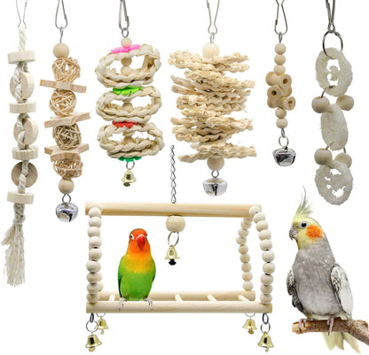 7 Packs Bird Parrot Swing Chewing Toys-Hanging Bell Bird Cage Playing Toys | Hanging Rope and Clip Design, Suitable for Small Parakeets, Cockatiels, Conures, Finches,Budgie,Macaws, Parrots, Love Birds