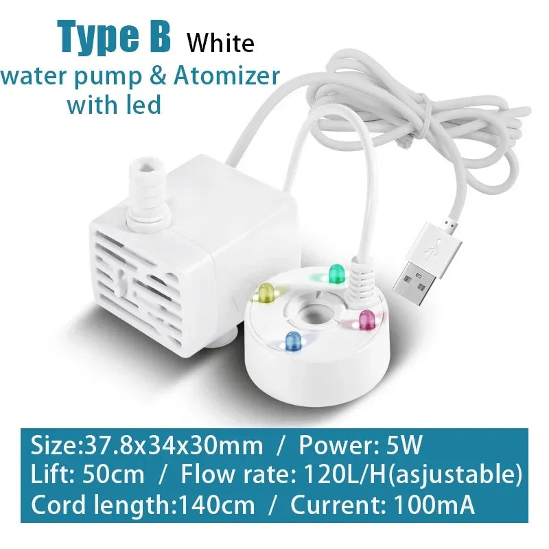 2-IN-1 USB 5V Water Pump Ultrasonic Atomizer Mist Maker Fogger for Pond Garden Rockery Fountain Fish Tank Landscaping Humidifier