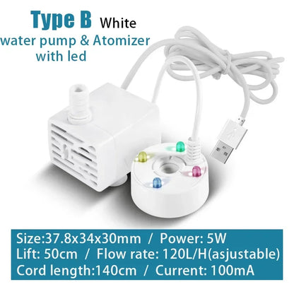 2-IN-1 USB 5V Water Pump Ultrasonic Atomizer Mist Maker Fogger for Pond Garden Rockery Fountain Fish Tank Landscaping Humidifier
