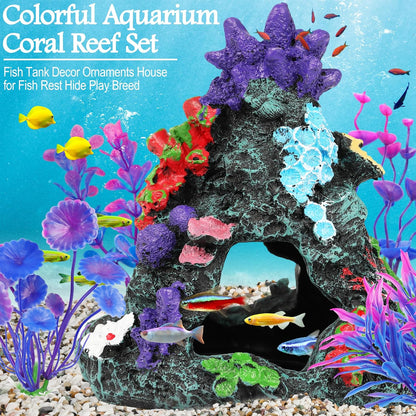 Fish Tank Decorations, 7 Pieces Aquarium Plants Set with Coral Reef Decoration Mountain Cave Ornament for Betta, Goldfish, Shrimp to Breed, Play and Rest (Purple)