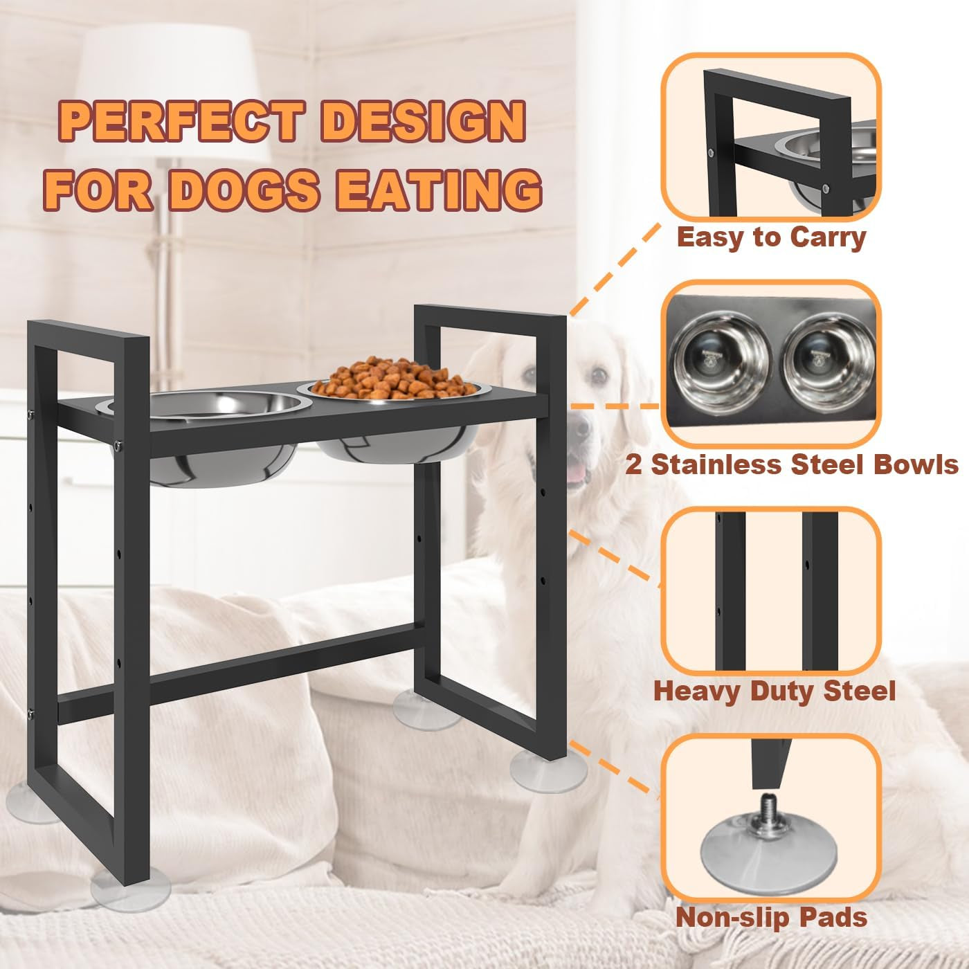 Elevated Dog Bowls Stand with 2 Stainless Steel Bowls, Black | for Large Medium Small Dogs, Adjustable Raised Dog Bowl with Non-Slip Plastic Sucker for Pet