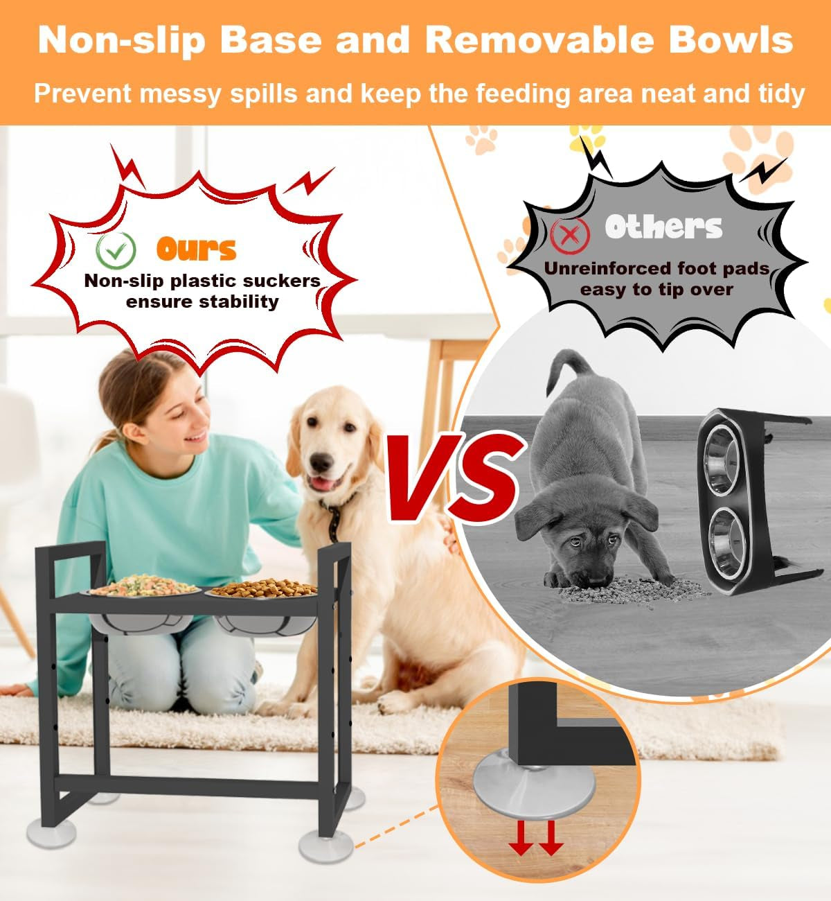 Elevated Dog Bowls Stand with 2 Stainless Steel Bowls, Black | for Large Medium Small Dogs, Adjustable Raised Dog Bowl with Non-Slip Plastic Sucker for Pet