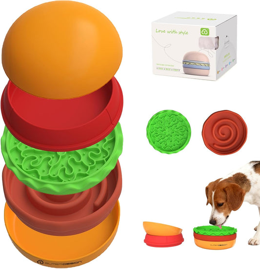 5-In-1 Dog Bowls Set, 6.1 Inch Cute Colorful Hamburger-Shaped Dog Food Bowl Stackable for Easy Storage and Travel, Cat Bowls for Food and Water, Pet Bowls Suitable for Small and Medium Dogs (Orange