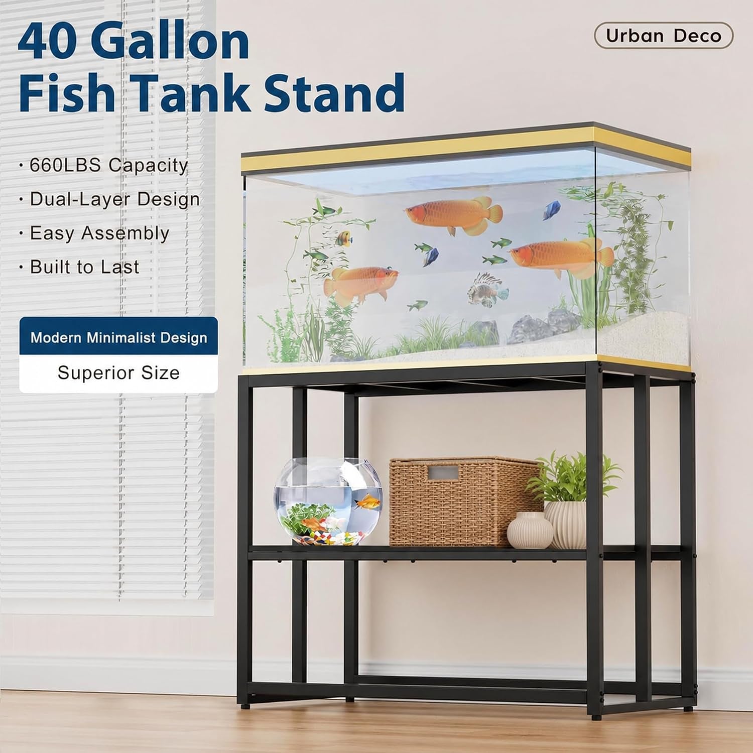 40 Gallon Metal Fish Tank Stand, Aquarium & Terrarium Stand for Home Office | Dual-Layer Structure Providing Extra Storage Space under the Tank.Overall Dimension Measures 36.6"X18.5"X30" with 660LBS