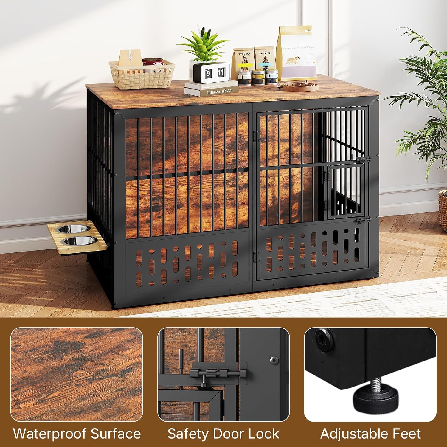 48 Inch Dog Crate Furniture, Wooden Dog Cage Furniture with Window and Adjustable Dogs Bowls 360° Rotatable, Heavy Duty XL Kennel Indoor as End Table, Brown