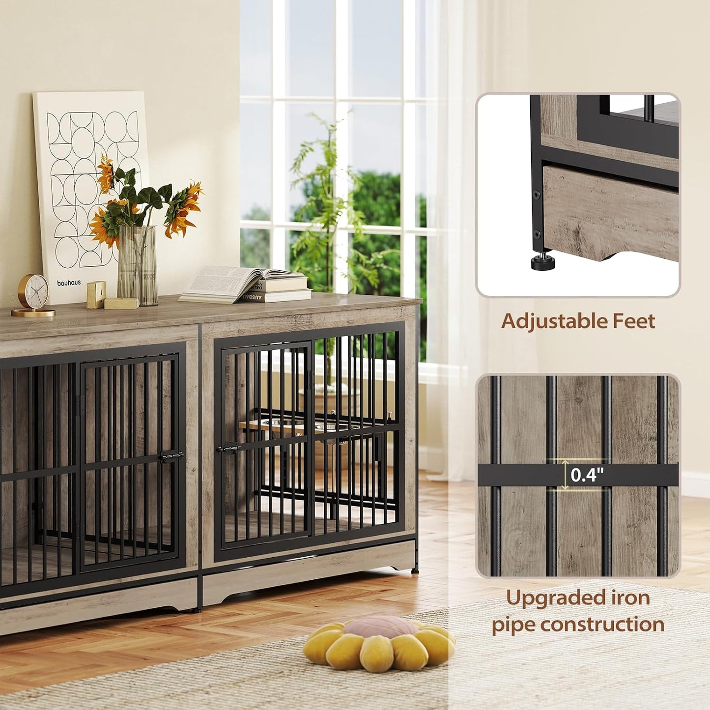 78 Double Dog Crate Furniture for 2 Large Dogs Indoor, Wooden Furniture Dog Crates with Dog Bowl, Dog Kennel Furniture TV Stand Large Breed Grey