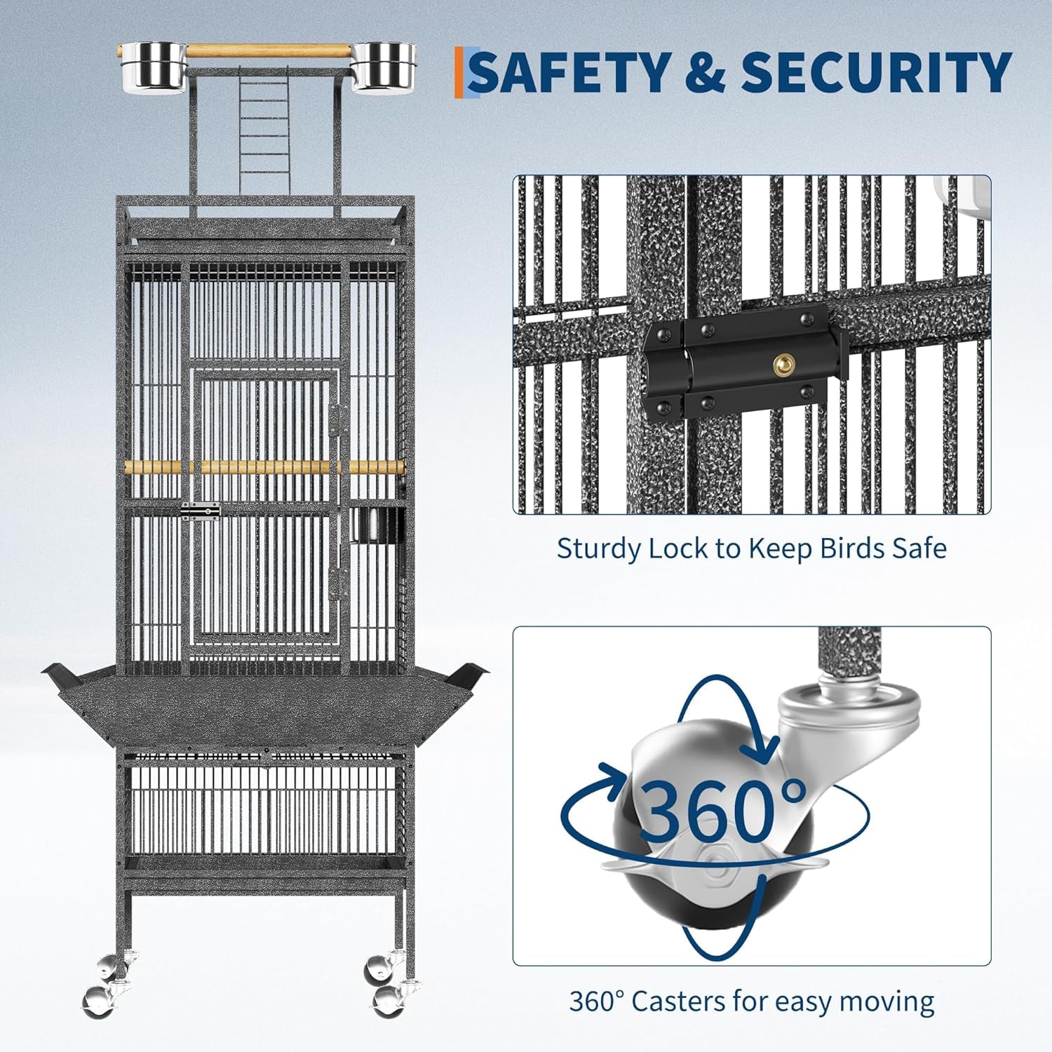 61In Large Bird Cage, Metal Bird Cage with Bird Playground, Rolling Parrot Cage with Feeding Accessories, Large Parakeet Cage for Parrots, Parakeets, Conures, Parrot, Black