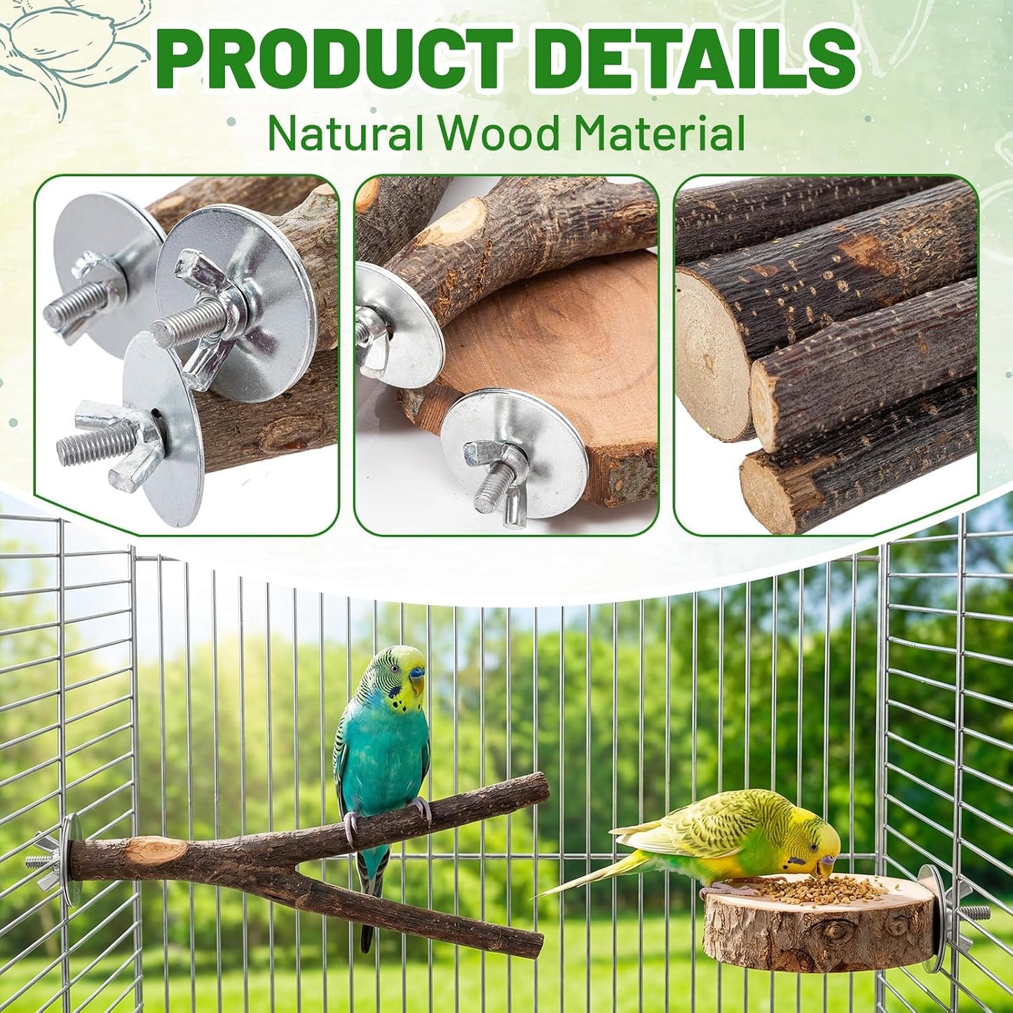 6 Pack Natural Wood Bird for Cage Perches Wooden Parrot Stand with Fork Toys Hanging Multi Branch Platform Hanging Grapevine Parrot Perch for Parakeets Budgies Pet Bird Accessories