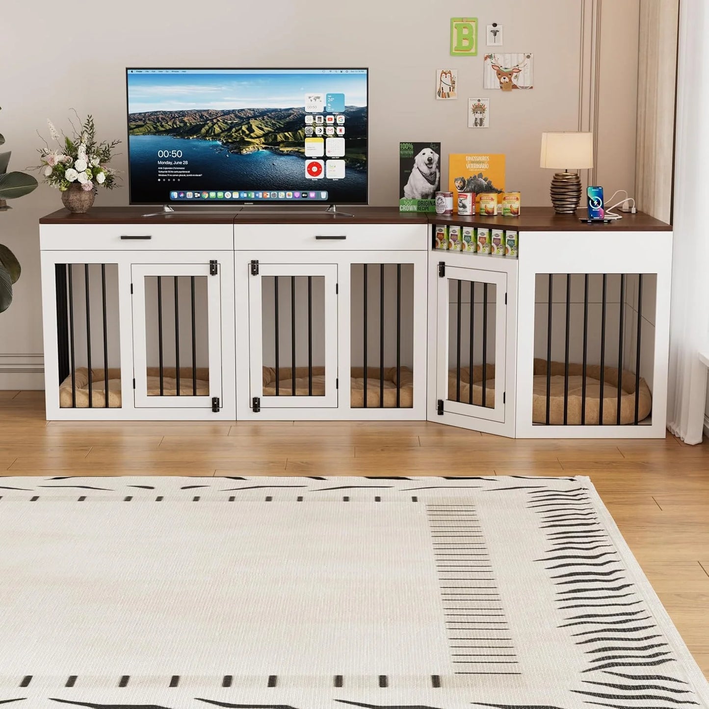 L-Shaped Corner Dog Crate Furniture Large Breed, 3 in 1 Corner Dog Crate Furniture, Wooden Dog Crate Kennel with 2Drawers,Divider,Power Outlet for Small,Medium,Large Dogs
